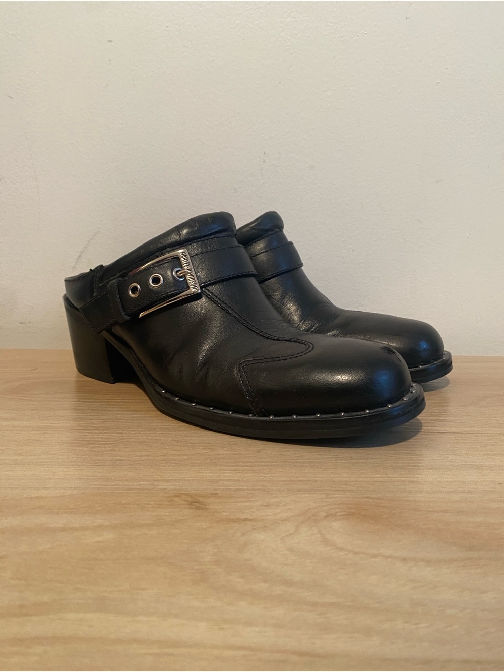 Harley-Davidson Black Leather Buckle Mule Clogs Studded Y2K Women’s Sz 8 (10”)